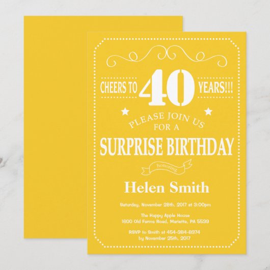 Verrassend 40e verjaardag Uitnodiging Geel en Wit (Voorkant / Achterkant)
