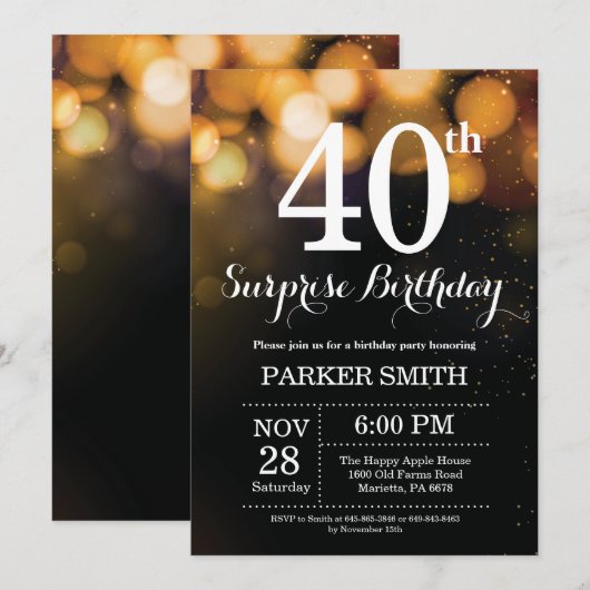 Verrassend 40e verjaardag Uitnodiging Gold Glitter (Voorkant / Achterkant)