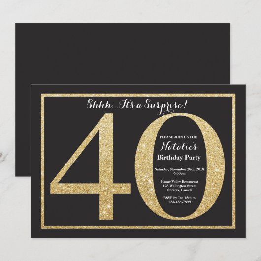 Verrassend 40e verjaardag Uitnodiging Gold Glitter (Voorkant / Achterkant)