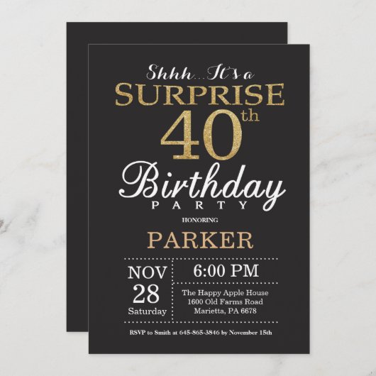 Verrassend 40e verjaardag Uitnodiging Gold Glitter (Voorkant / Achterkant)