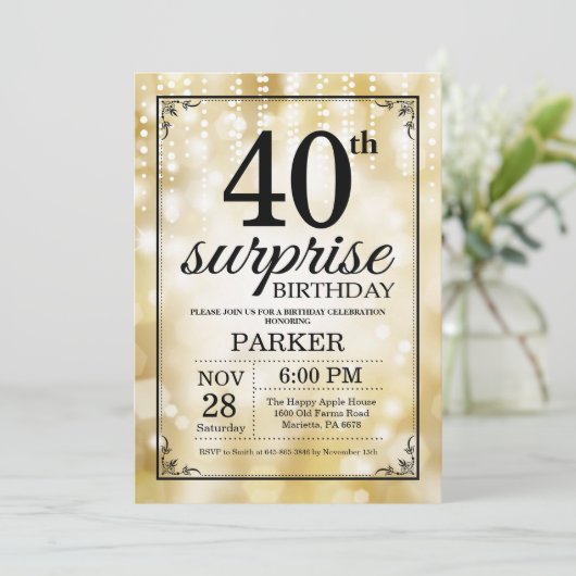 Verrassend 40e verjaardag Uitnodiging Gold Glitter (Staand voorkant)