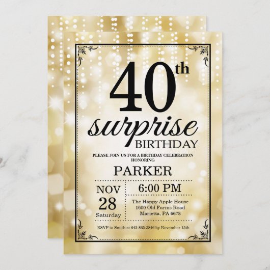 Verrassend 40e verjaardag Uitnodiging Gold Glitter (Voorkant / Achterkant)