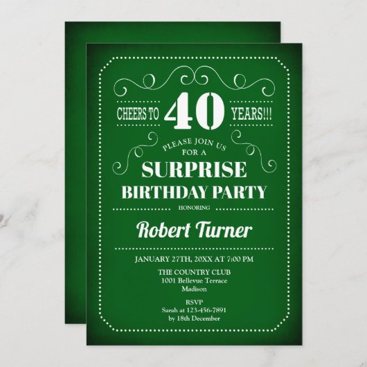 Verrassend 40e verjaardag Uitnodiging - Groen Wit (Voorkant / Achterkant)