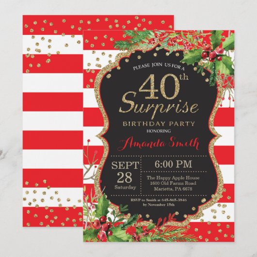 Verrassend 40e verjaardag Uitnodiging kerstgoud (Voorkant / Achterkant)