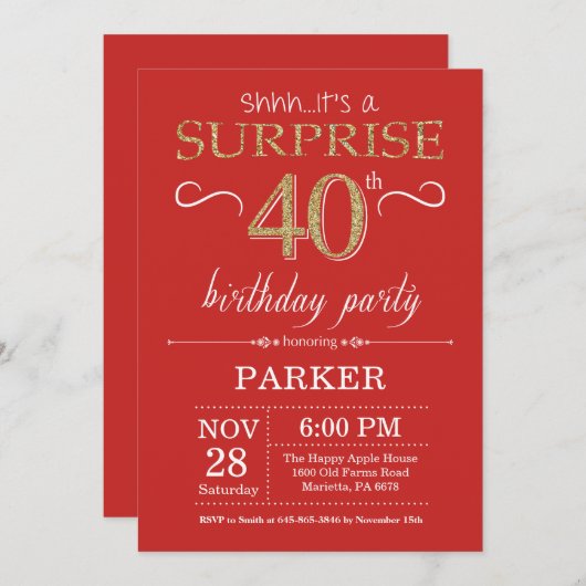 Verrassend 40e verjaardag Uitnodiging rood en goud (Voorkant / Achterkant)