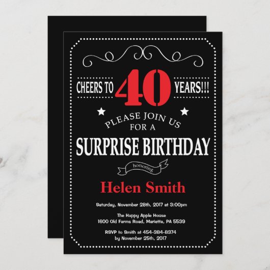 Verrassend 40e verjaardag Uitnodiging rood en zwar (Voorkant / Achterkant)