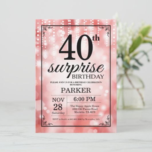Verrassend 40e verjaardag Uitnodiging rood glitter (Staand voorkant)
