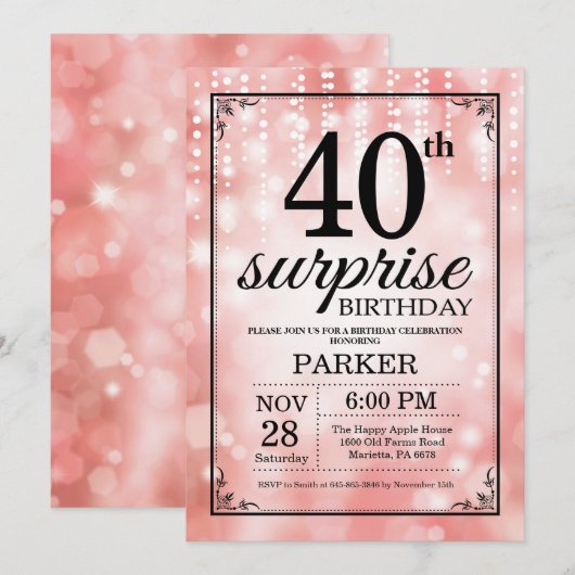 Verrassend 40e verjaardag Uitnodiging Roze Glitter (Voorkant / Achterkant)