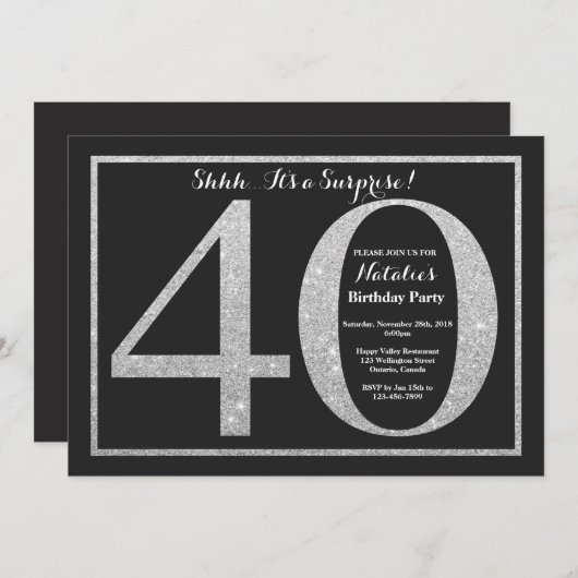 Verrassend 40e verjaardag Uitnodiging Silver Glitt (Voorkant / Achterkant)