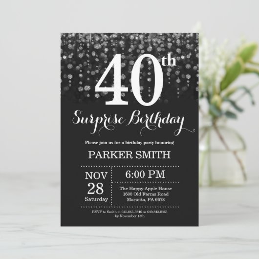 Verrassend 40e verjaardag Uitnodiging Silver Glitt (Staand voorkant)