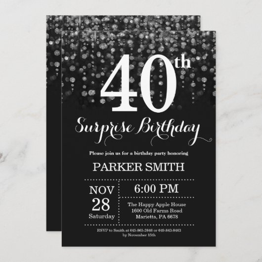 Verrassend 40e verjaardag Uitnodiging Silver Glitt (Voorkant / Achterkant)