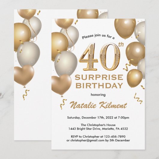 Verrassend 40e verjaardag Witte en gouden ballonne Kaart (Voorkant / Achterkant)