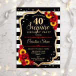 Verrassend 40e verjaardag - Zonnebloemen rode roze Kaart<br><div class="desc">Verrassende uitnodiging van 40e verjaardag. Feminine zwart,  wit en rood met faux glitter Gold. Kenmerken strepen,  zonnebloemen,  scriptlettertype en confetti. Ideaal voor een elegant verjaardagsfeestje. Kan op elke leeftijd aan het show worden aangepast. Bericht me als u verdere aanpassing nodig hebt.</div>