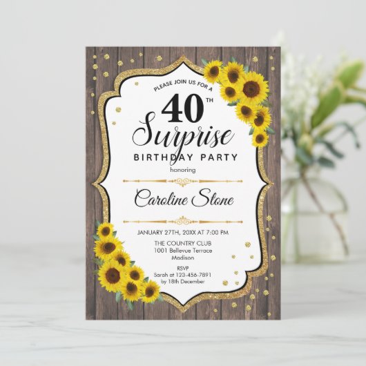 Verrassend 40e verjaardag - Zonnebloemen Rustisch  Kaart (Staand voorkant)