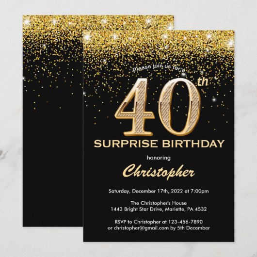 Verrassend 40e verjaardag zwart en gouden glitter kaart (Voorkant / Achterkant)