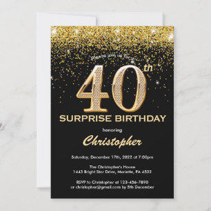 Verrassend 40e verjaardag zwart en gouden glitter kaart
