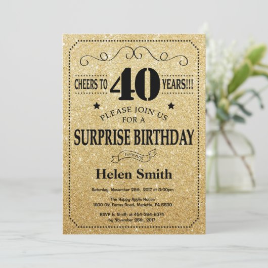 Verrassend 40e verjaardag zwart en gouden glitter kaart (Staand voorkant)