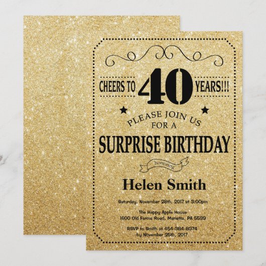 Verrassend 40e verjaardag zwart en gouden glitter kaart (Voorkant / Achterkant)