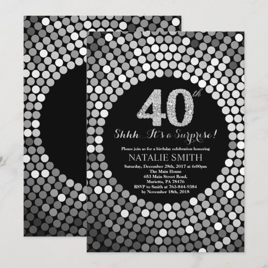 Verrassend 40e verjaardag zwart en zilver glitter kaart (Voorkant / Achterkant)