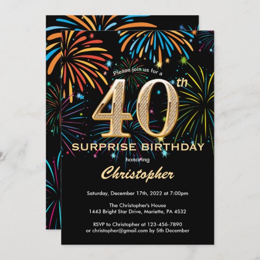 Verrassend 40e verjaardag zwart goudregenboogvuurw kaart (Voorkant / Achterkant)