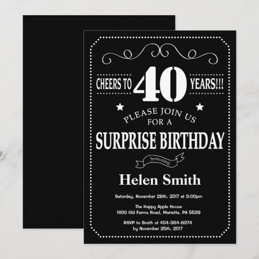 Verrassend 40e verjaardag zwart-wit karton kaart (Voorkant / Achterkant)