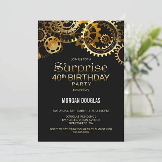 Verrassend 40e verjaardag zwarte gouden stoompunk kaart (Staand voorkant)