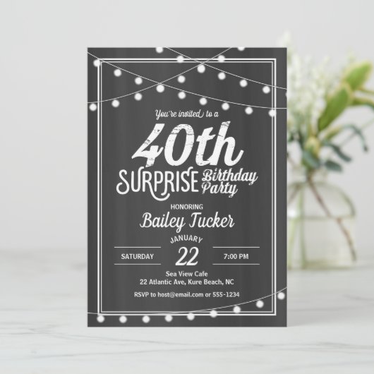 Verrassend 40th Birthday String Lights Chalkboard Kaart (Staand voorkant)
