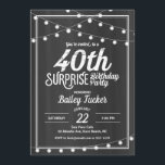 Verrassend 40th Birthday String Lights Chalkboard Kaart<br><div class="desc">Deze verrassende 40e verjaardagsuitnodiging kenmerkt koordlichten op een krijtbordachtergrond. Klik de aanpassingsknoop voor meer flexibiliteit in het wijzigen van de tekst! De variaties van dit ontwerp, extra kleuren, evenals de coördinerende producten zijn beschikbaar in onze winkel, zazzle.com/doodlelulu*. Neem contact met ons op als je dit ontwerp op een specifiek product...</div>