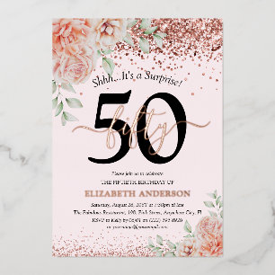 Verrassend 50e verjaardag Roze Floral Roos Gold Folie Uitnodiging