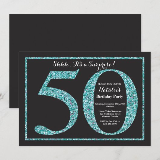 Verrassend 50e verjaardag Uitnodiging Blauwgroen G (Voorkant / Achterkant)