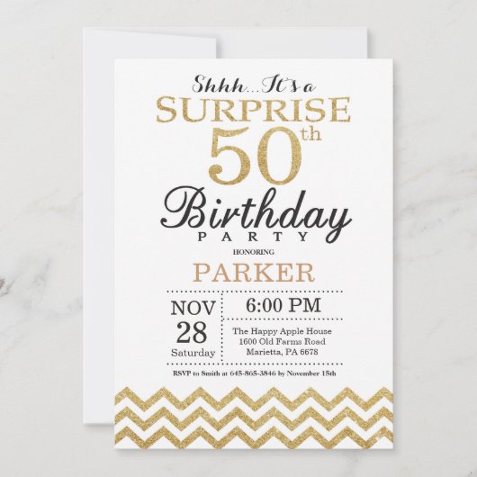 Verrassend 50e verjaardag Uitnodiging Gold Glitter (Voorkant)