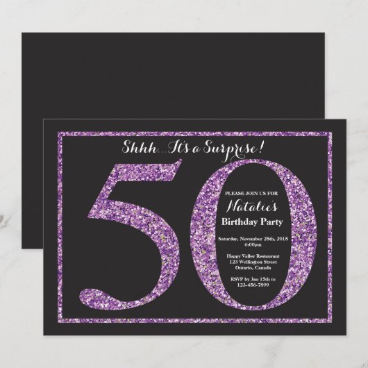 Verrassend 50e verjaardag Uitnodiging Paars Glitte (Voorkant / Achterkant)
