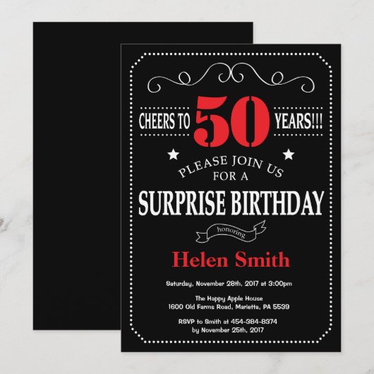 Verrassend 50e verjaardag Uitnodiging rood en zwar (Voorkant / Achterkant)
