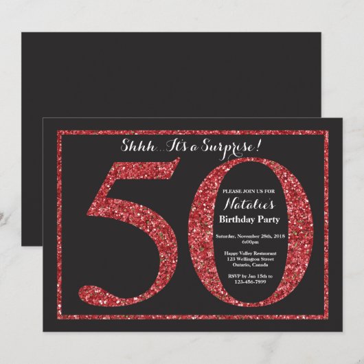 Verrassend 50e verjaardag Uitnodiging rood glitter (Voorkant / Achterkant)