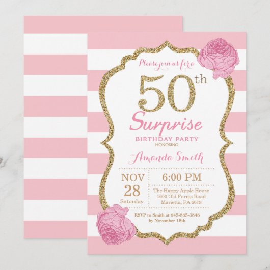 Verrassend 50e verjaardag Uitnodiging Roze en Goud (Voorkant / Achterkant)