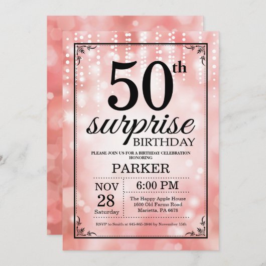 Verrassend 50e verjaardag Uitnodiging Roze Glitter (Voorkant / Achterkant)