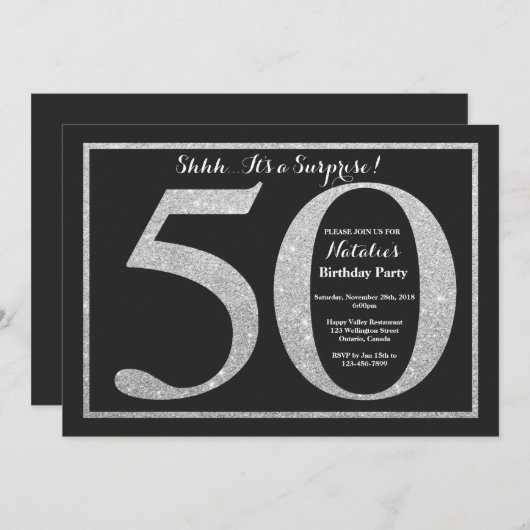 Verrassend 50e verjaardag Uitnodiging Silver Glitt (Voorkant / Achterkant)