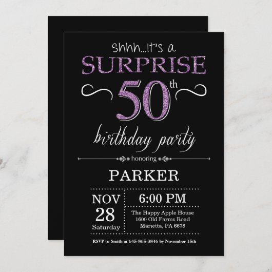 Verrassend 50e verjaardag Uitnodiging zwart-Paars (Voorkant / Achterkant)