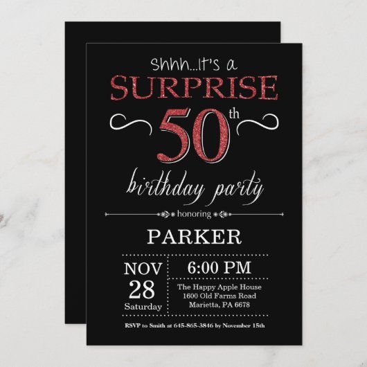 Verrassend 50e verjaardag Uitnodiging zwart-wit en (Voorkant / Achterkant)