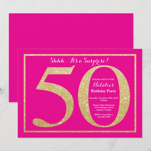 Verrassend 50e verjaardag warme roze en goudglitte kaart (Voorkant / Achterkant)