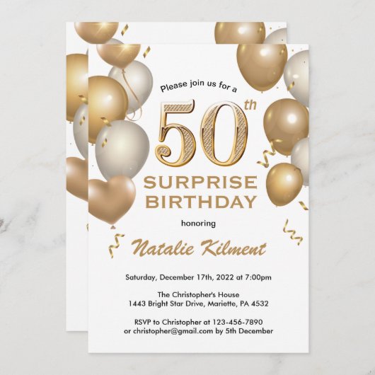Verrassend 50e verjaardag Witte en gouden ballonne Kaart (Voorkant / Achterkant)