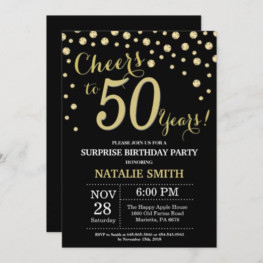 Verrassend 50e verjaardag zwart en Gold Diamond Kaart (Voorkant / Achterkant)