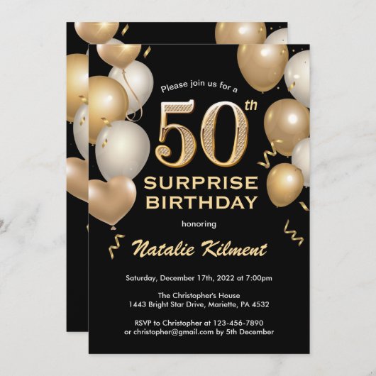 Verrassend 50e verjaardag zwarte en gouden ballonn kaart (Voorkant / Achterkant)