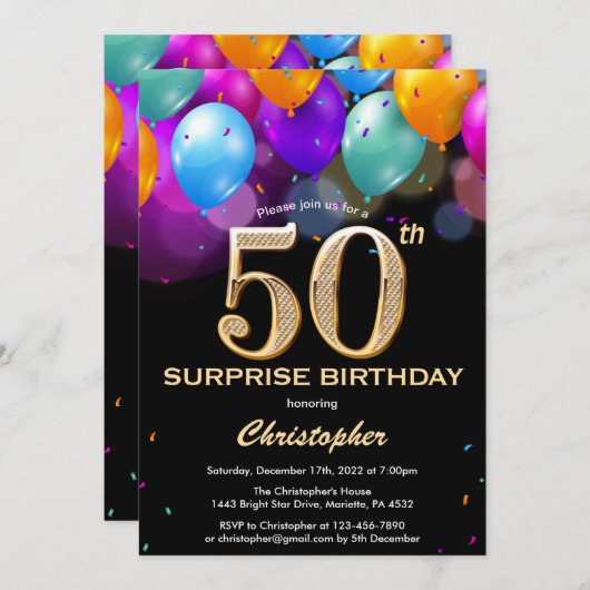 Verrassend 50e verjaardag zwarte en gouden ballonn kaart (Voorkant / Achterkant)