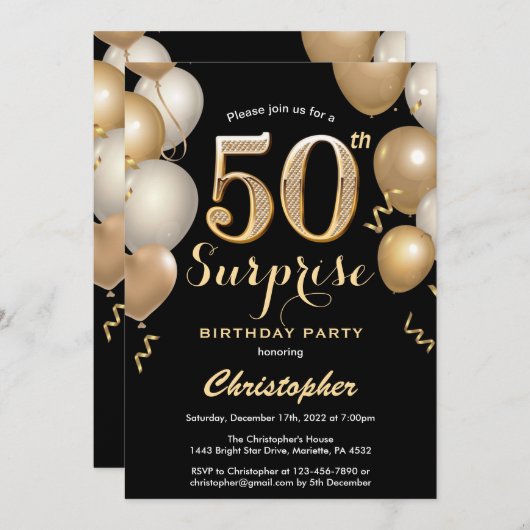 Verrassend 50e verjaardag zwarte en gouden ballonn kaart (Voorkant / Achterkant)