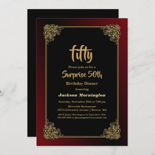 Verrassend 50e verjaardag zwarte rode goudkleurig kaart (Voorkant / Achterkant)