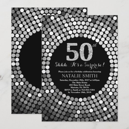Verrassend 50th Birthday Black en Silver Glitter Kaart (Voorkant / Achterkant)