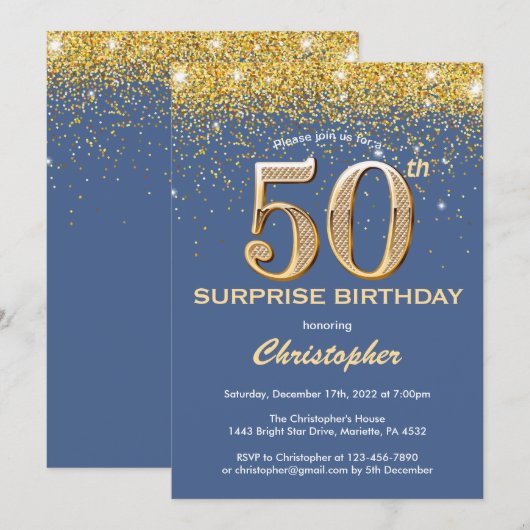Verrassend 50th Birthday Blue en Gold Glitter Kaart (Voorkant / Achterkant)