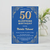 Verrassend 50th Birthday Blue en Gold Glitter Kaart (Staand voorkant)
