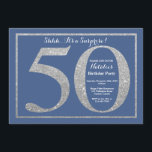Verrassend 50th Birthday Blue en Silver Glitter Kaart<br><div class="desc">Verrassende uitnodiging van 50e verjaardag. Blue and Silver Glitter Birthday Party Invite with Navy Blue Background. Verrassende verjaardag. Volwassen verjaardag. Mannen of Vrouwen Bday Bash Party. Voor verdere aanpassing,  te klikken gelieve de knoop "van de Aanpassing het"en ons ontwerphulpmiddel te gebruiken om deze sjabloon te wijzigen.</div>
